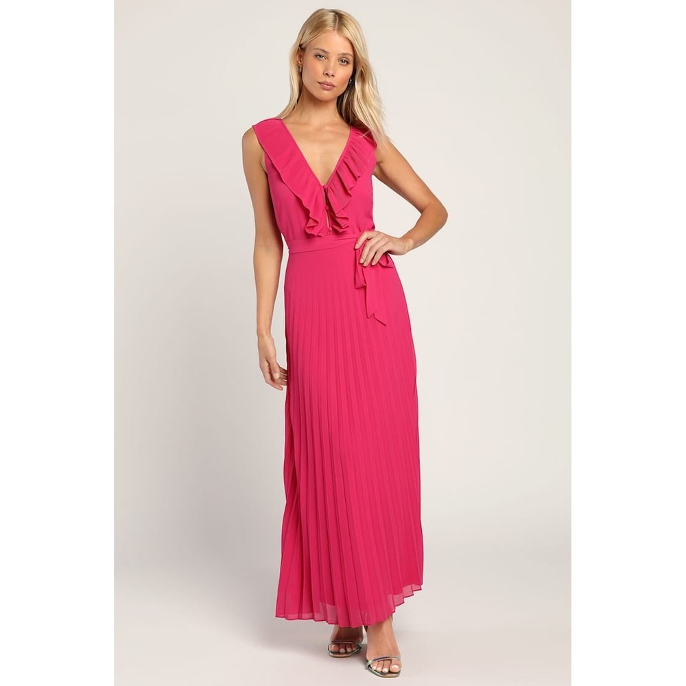 NWT Lulus Loved By You Hot Pink Pleated Chiffon Maxi Dress‎ Size XS